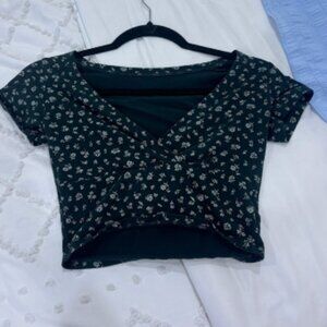 Brandy Melville Army Green Floral Crossed Cropped Shirt